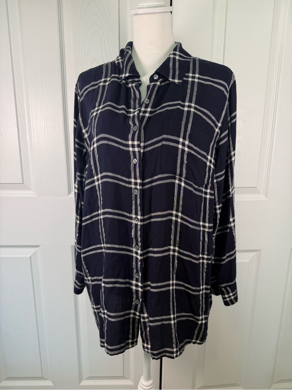 Talbots Plaid Navy Blouse Womens XXL Rayon Button Down Boho Western Country